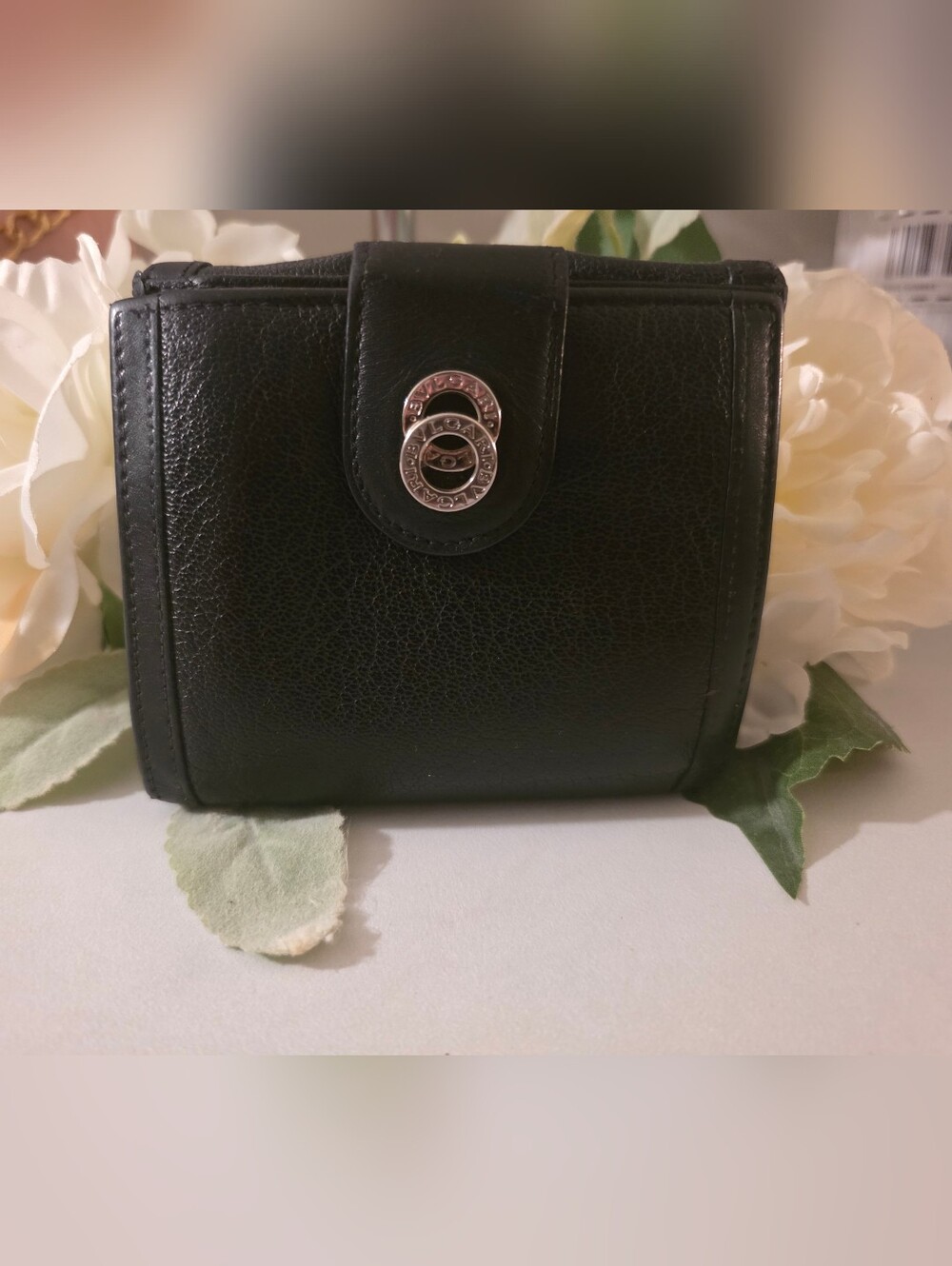 Bulgari Black Leather Wallet with Silver Logo Rings